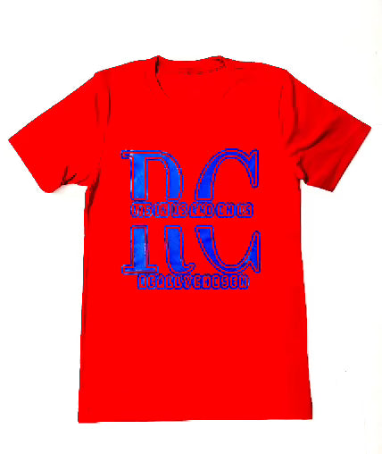 Red t shirt with Really Chosen Its In Us And On Us blue logo - faith base