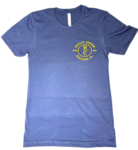 Navy Blue t shirt with bold "Really Chosen and Clothing CO." lettering - statement apparel