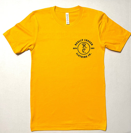 Gold t shirt with bold "Really Chosen and Clothing CO." lettering - faith-stylish healing shirt