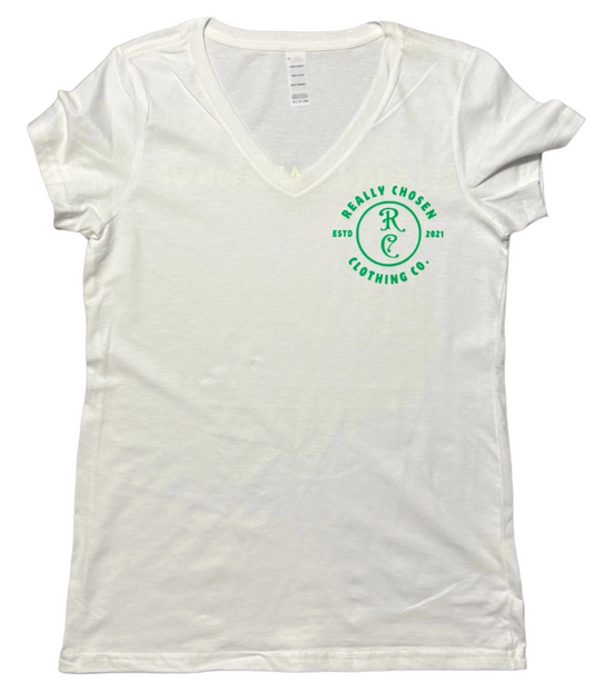 White t shirt with bold "Really Chosen and Clothing CO." lettering - faith-driven fashion